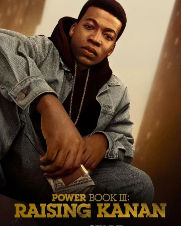 Promotional image of a Black male actor from Power Book III: Raising Kanan wearing a jean jacket, hoodie, gold chain and holding cash.