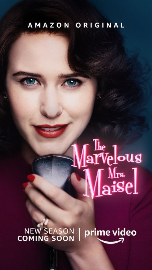 A promotional poster featuring the face of a woman with dark hair and red lipstick, holding a microphone, advertising the series 'The Marvelous Mrs. Maisel'.