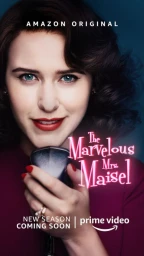 Portrait of Rachel Brosnahan holding a vintage microphone in a purple dress for The Marvelous Mrs Maisel by Victoria Will.