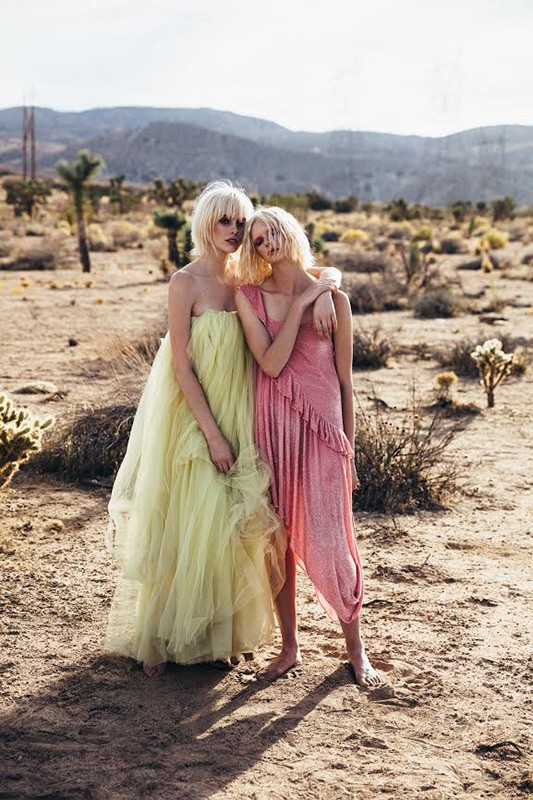 Two fair-skinned women in formal dresses pose in a desert landscape with mountains, cacti, and sparse vegetation on a sunny day.