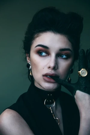 Close-up portrait of a young woman with dark hair, wearing a black choker and vest, with dramatic makeup and a hand near her lips.