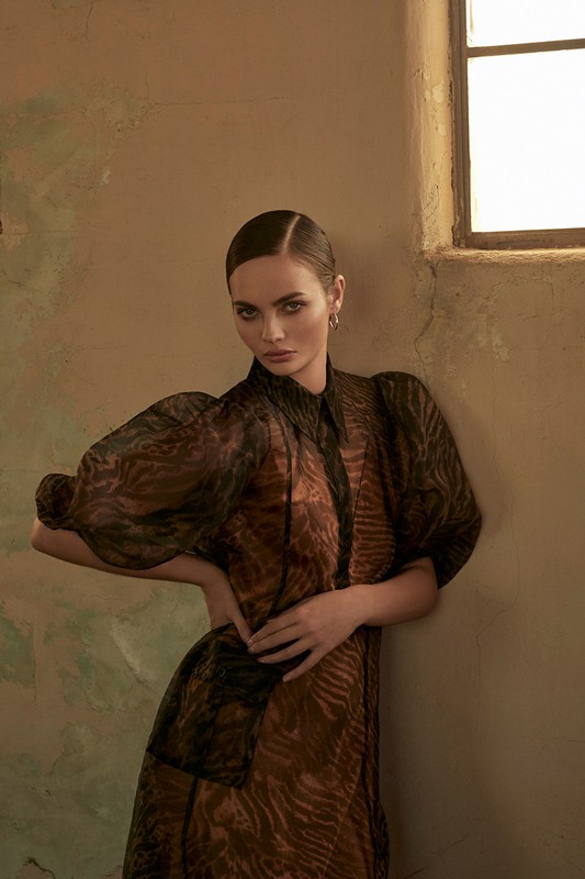 Attractive woman in a brown patterned dress with sheer sleeves, standing against a textured wall near a window, hands on hips, looking at viewer.