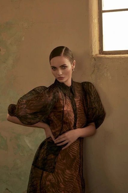 Attractive woman in a brown patterned dress with sheer sleeves, standing against a textured wall near a window, hands on hips, looking at viewer.