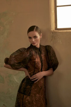 Attractive woman in a brown patterned dress with sheer sleeves, standing against a textured wall near a window, hands on hips, looking at viewer.