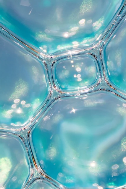 A macro abstract image of connected liquid cell structures in shades of blue, turquoise, and white, with a glossy, reflective surface.