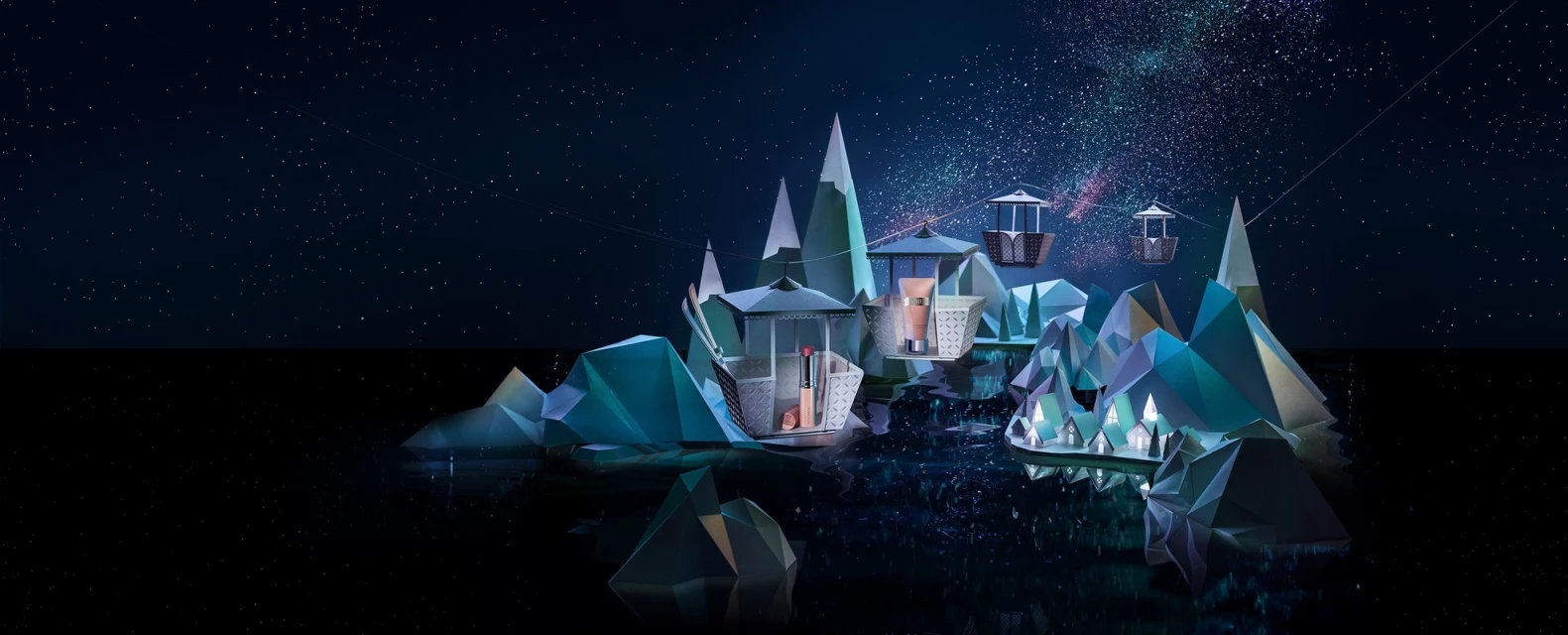 Product photography features beauty products in a miniature mountain landscape, complete with ski lift gondolas against a starry sky.