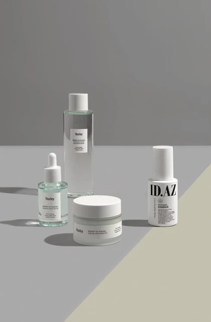 Still life shot of Huxley brand skincare products including facial oil, toner, and cream on a two-tone neutral surface against a grey background.