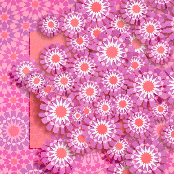 Graphic art featuring a geometric floral pattern with lilac and coral-colored flowers arranged on a pink background, created in animation.