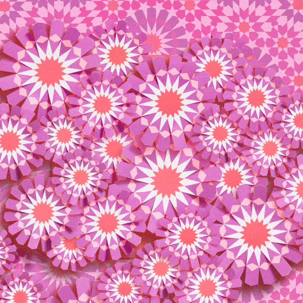 Artistic pattern featuring geometric floral designs in shades of pink, purple, and coral arranged in a visually striking composition.