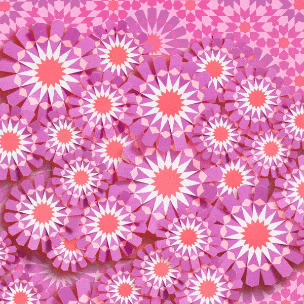 Artistic pattern featuring geometric floral designs in shades of pink, purple, and coral arranged in a visually striking composition.