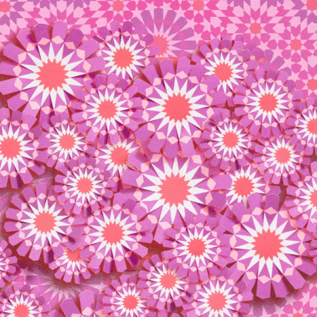 Artistic pattern featuring geometric floral designs in shades of pink, purple, and coral arranged in a visually striking composition.