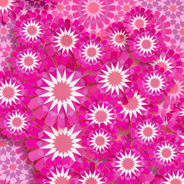 Digital art displays a vibrant array of geometric flowers in shades of pink and white, creating a visually captivating kaleidoscope effect.
