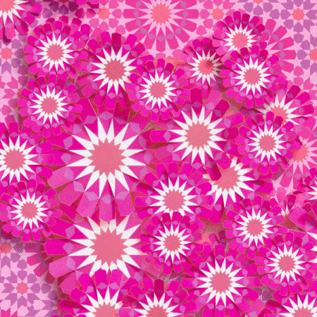 Digital art displays a vibrant array of geometric flowers in shades of pink and white, creating a visually captivating kaleidoscope effect.