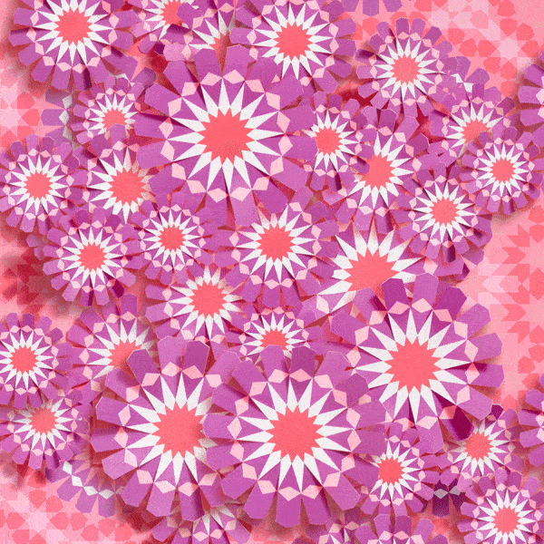 Detailed geometric mosaic pattern with overlapping layers of radially symmetric star-shaped tessellations in pink, coral, and white.
