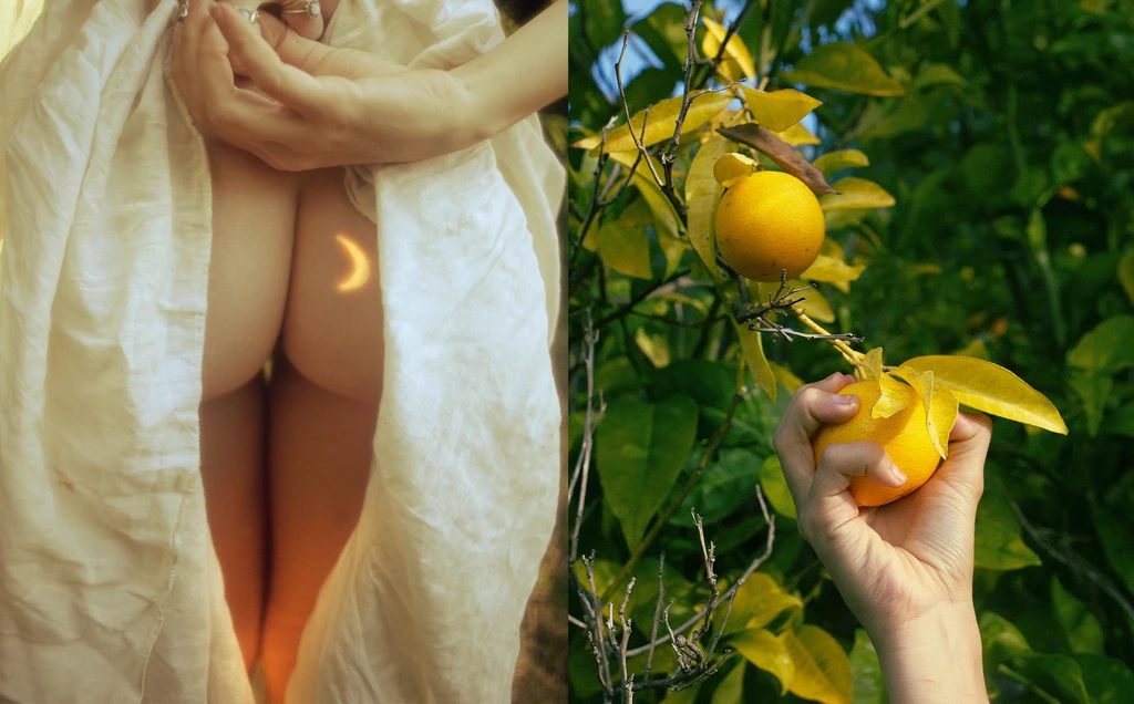 Surreal diptych: Woman in white fabric shows bare back with moon detail. Hand holds lemons on tree with green leaves.