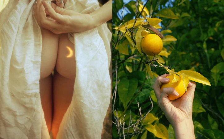 Surreal diptych: Woman in white fabric shows bare back with moon detail. Hand holds lemons on tree with green leaves.