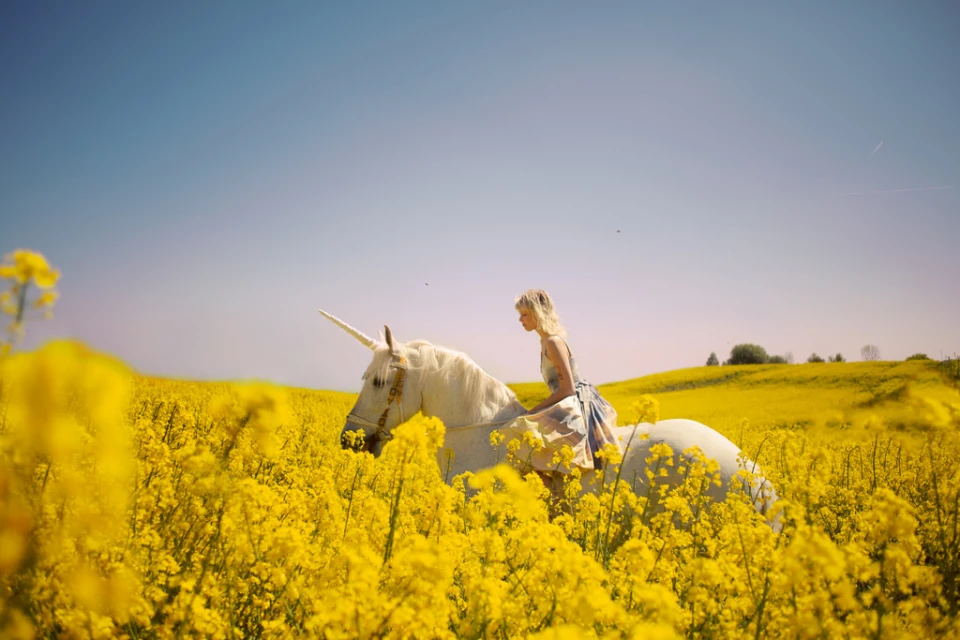 Woman in flowing dress rides white horse with unicorn horn through field of yellow rapeseed flowers under a clear blue sky.