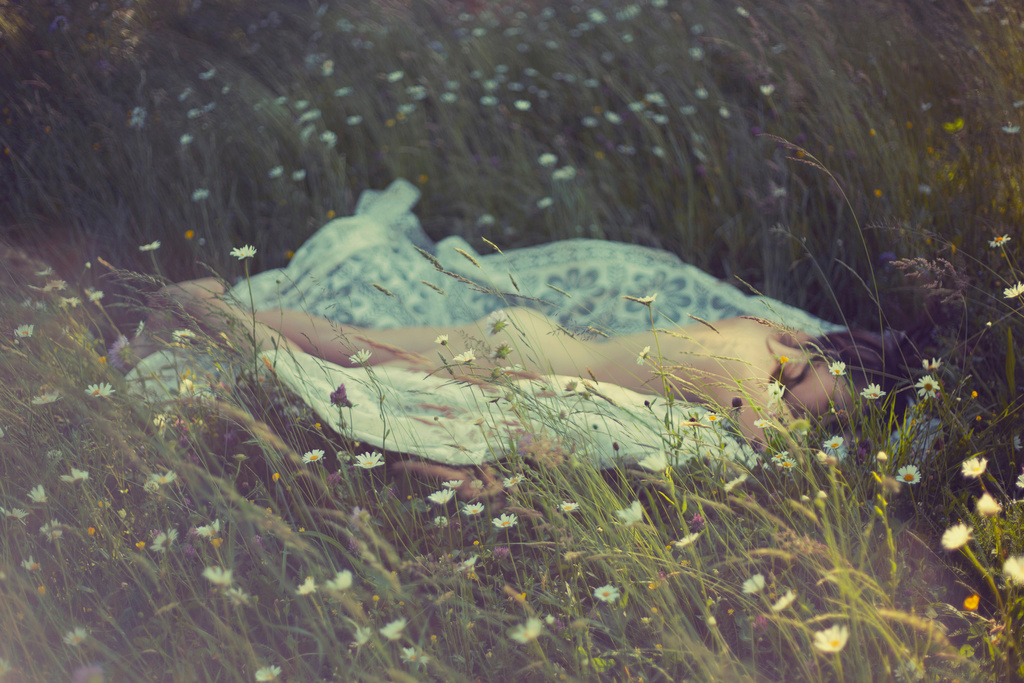 Young woman lies in a meadow of daisies in soft light, wearing a white dress and blanket, with an eye-level, outdoor view.