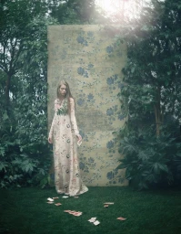 Young woman in a long floral dress standing before a tall floral backdrop outdoors surrounded by scattered playing cards on grass.