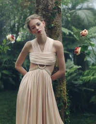 A woman in a draped cream dress leaning against a tree trunk in a lush forest with blooming roses.