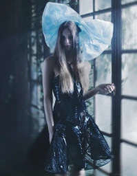 Model wearing a structured black dress and a large sheer blue bow headpiece in front of a grid window