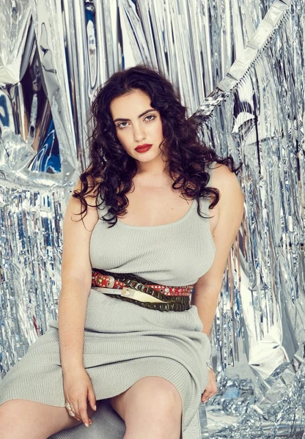 Portrait of an adult woman with dark curly hair and red lipstick, wearing a dress with a belt, seated against a shiny silver background.