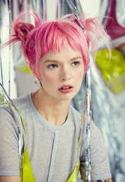 Close-up portrait of a woman with vibrant pink hair in double buns wearing a metallic grey top and bright yellow straps.