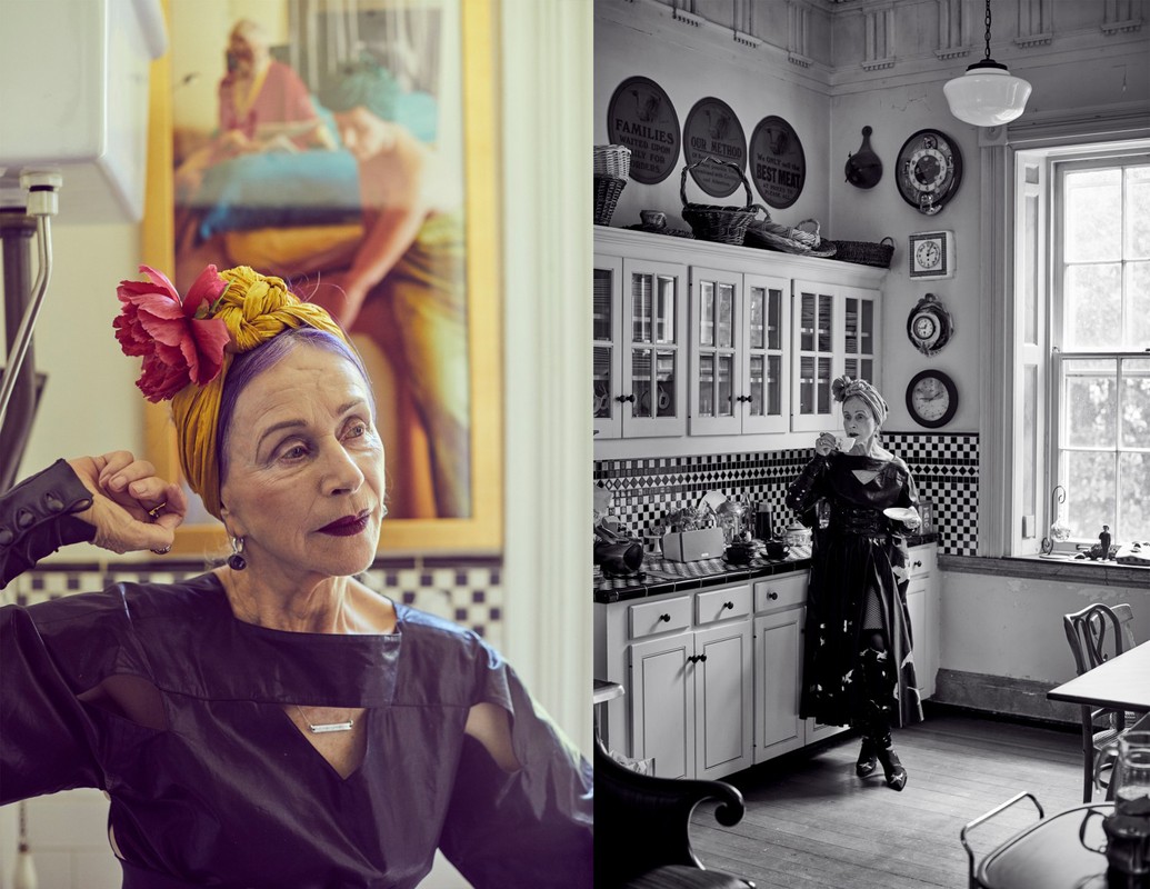 Elegant older woman with a flower turban poses in a kitchen with vintage decor and an artful painting, captured in a split-screen composition.
