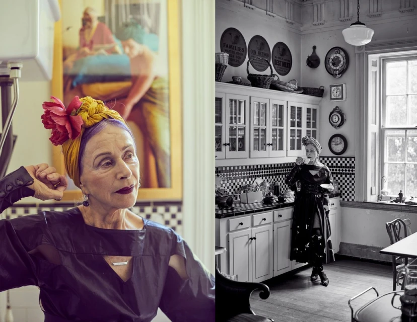 Elegant older woman with a flower turban poses in a kitchen with vintage decor and an artful painting, captured in a split-screen composition.