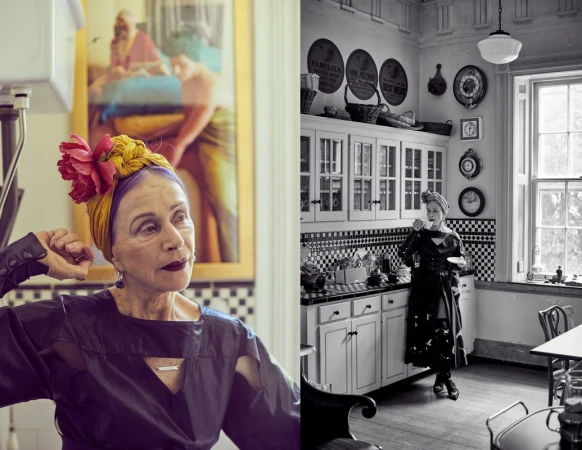 Elegant older woman with a flower turban poses in a kitchen with vintage decor and an artful painting, captured in a split-screen composition.
