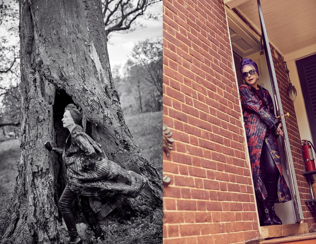 Fashionable mature woman poses in an oversized coat next to tree in black and white photo, followed by color shot in a doorway.