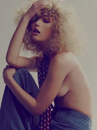 Woman with voluminous curly blonde hair wearing denim jeans and a patterned necktie against a plain grey backdrop.