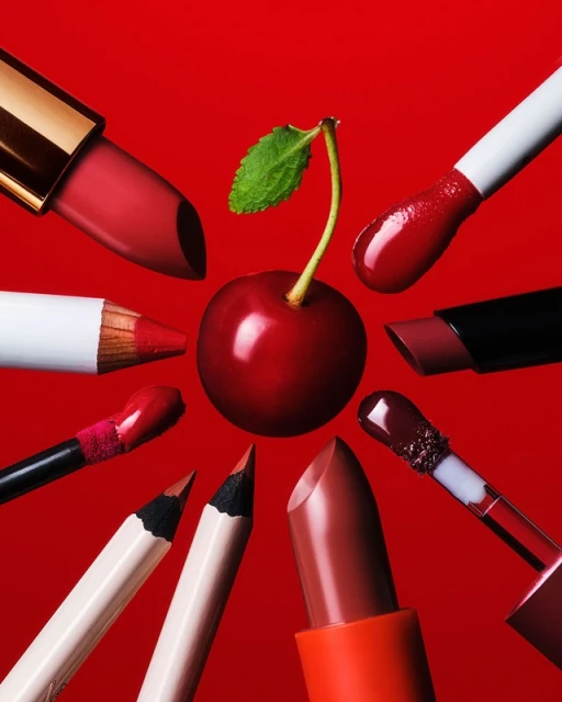 Close-up of various shades of lipstick and lip pencils surrounding a cherry on a vibrant red background, showcasing beauty products.