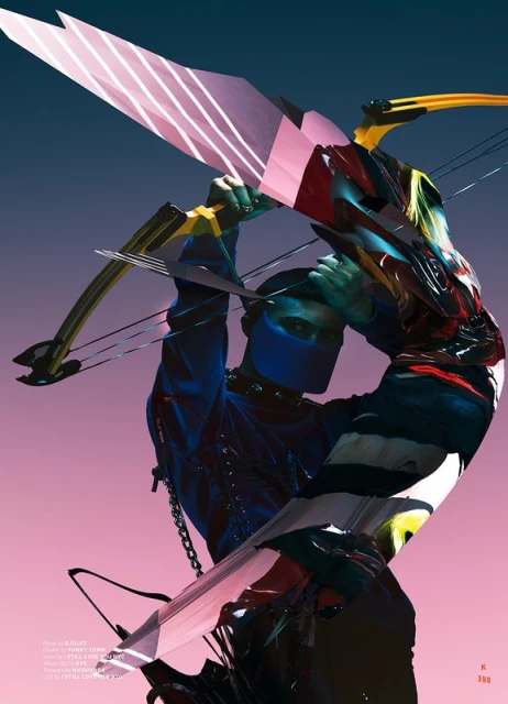 Abstract fashion photo features a model wearing a blue mask and a black leather jacket, holding a stylized crossbow in a studio setting.