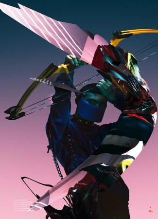Abstract fashion photo features a model wearing a blue mask and a black leather jacket, holding a stylized crossbow in a studio setting.