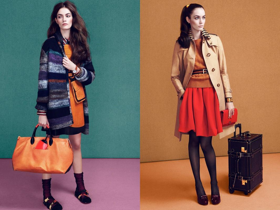 Two fashion models pose indoors, one in a striped coat and carrying an orange tote, the other in a trench coat with a red skirt.