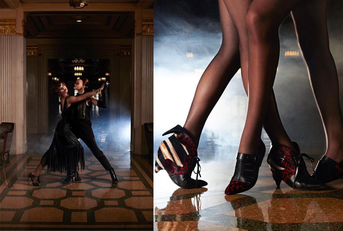 Two women dancing in a hallway and a close-up of two pairs of legs wearing patterned heels and black pantyhose in a studio shot.