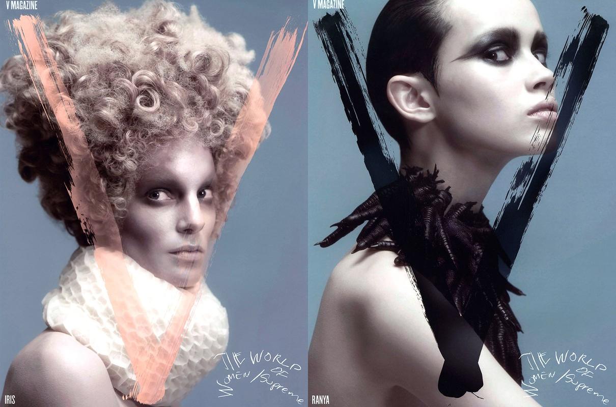 Fashion magazine cover featuring two women with dramatic makeup and hairstyles against a light blue background, showcasing haute couture.