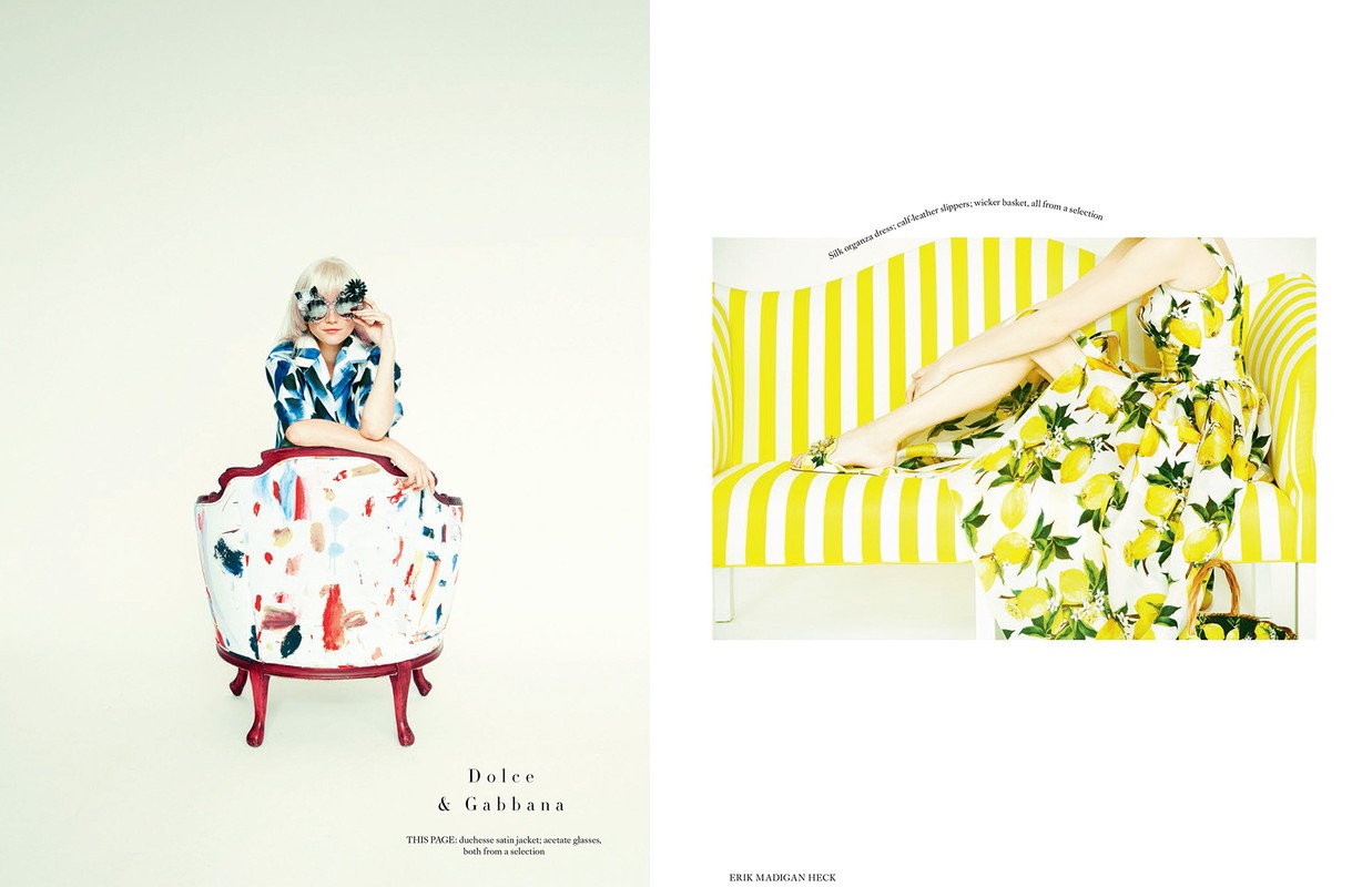 Fashion editorial with blonde model in sunglasses and blue pattern top on red chair, plus woman in lemon dress on yellow striped couch.