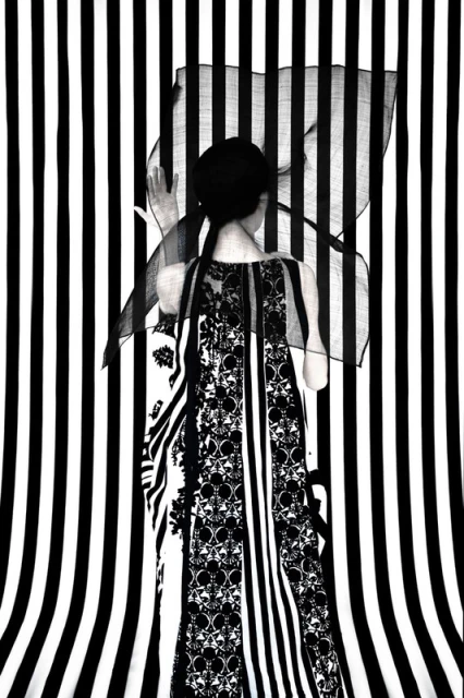 Woman with back turned wearing a black and white patterned dress in front of a black and white striped backdrop with a transparent fabric.