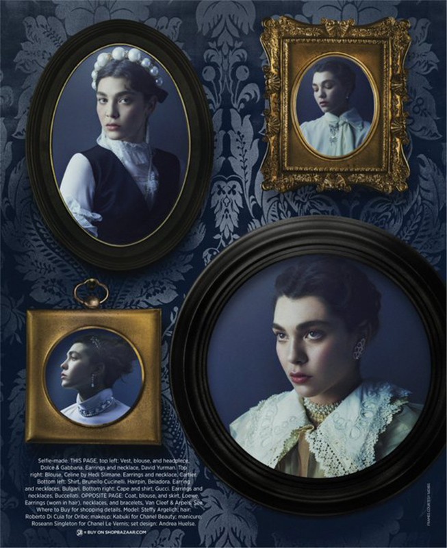 Portraits of a woman in period attire are displayed in ornate frames against a patterned blue wallpaper for a vintage aesthetic.