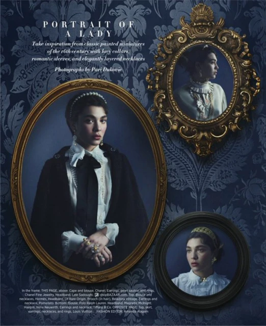 Fashion editorial featuring a woman with dark hair wearing vintage-inspired clothing and jewelry, framed in ornate oval and round frames.
