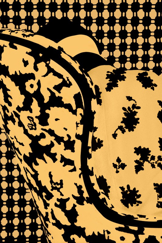Abstract patterned textiles featuring a mix of floral, geometric, and organic shapes in shades of black and yellow, creating a bold visual texture.