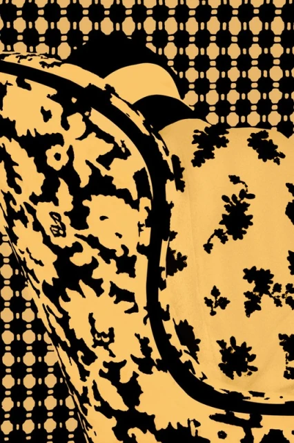 Abstract patterned textiles featuring a mix of floral, geometric, and organic shapes in shades of black and yellow, creating a bold visual texture.