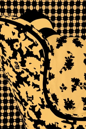 Abstract patterned textiles featuring a mix of floral, geometric, and organic shapes in shades of black and yellow, creating a bold visual texture.