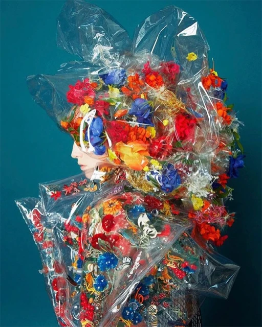 Profile of a person adorned in flowers and clear plastic, set against a dark turquoise backdrop in an editorial fashion style.