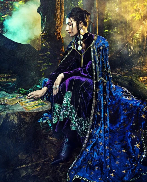 Woman in ornate velvet gown seated on tree stump with tarot cards in a misty forest, wearing statement earrings and multiple rings.