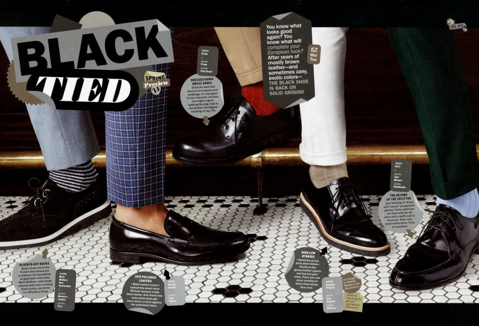 Black dress shoes on a tiled floor, styled with dress pants and colorful socks in an editorial fashion layout.