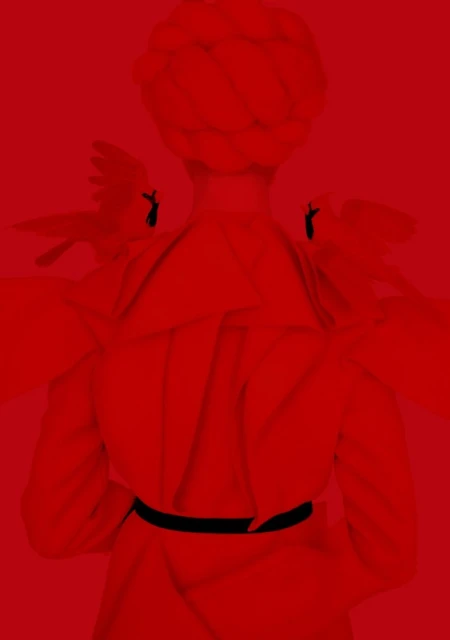 Back view of a person in a bright red dress with sculptural headwear, flanked by faint bird shapes on a matching red background.
