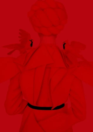 Back view of a person in a bright red dress with sculptural headwear, flanked by faint bird shapes on a matching red background.